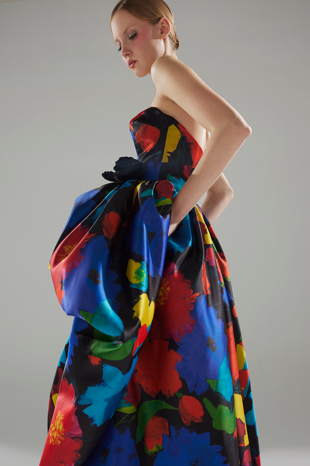 Strapless Mikado Dress with Floral Print