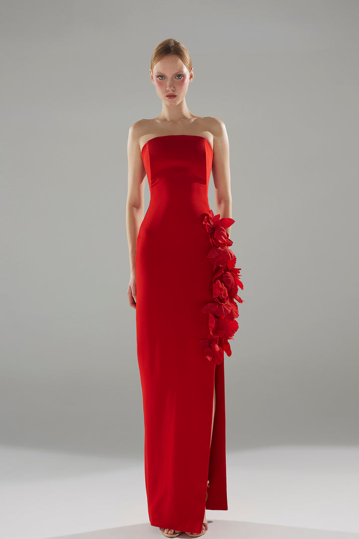 Crepe Column Dress with 3D Floral Band