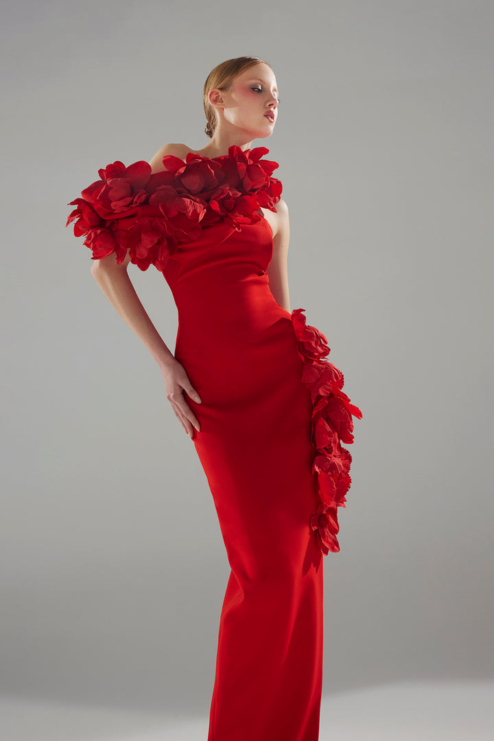 Crepe Column Dress with 3D Floral Band