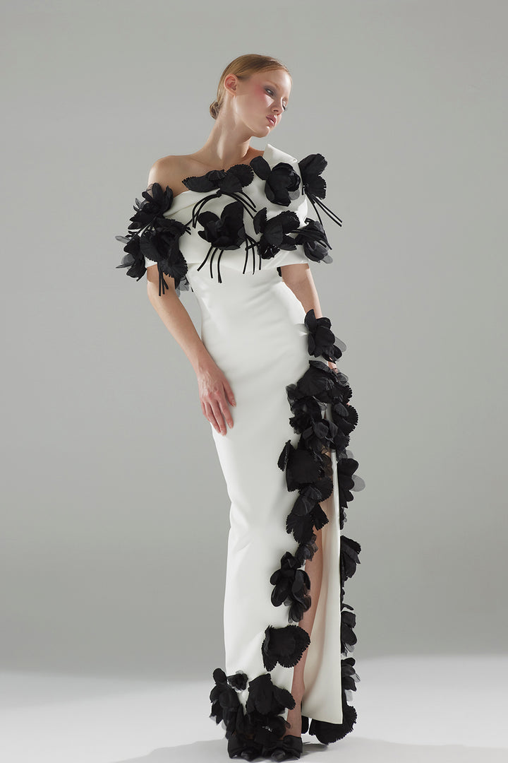 Strapless Crepe Dress with 3D Floral Appliqués