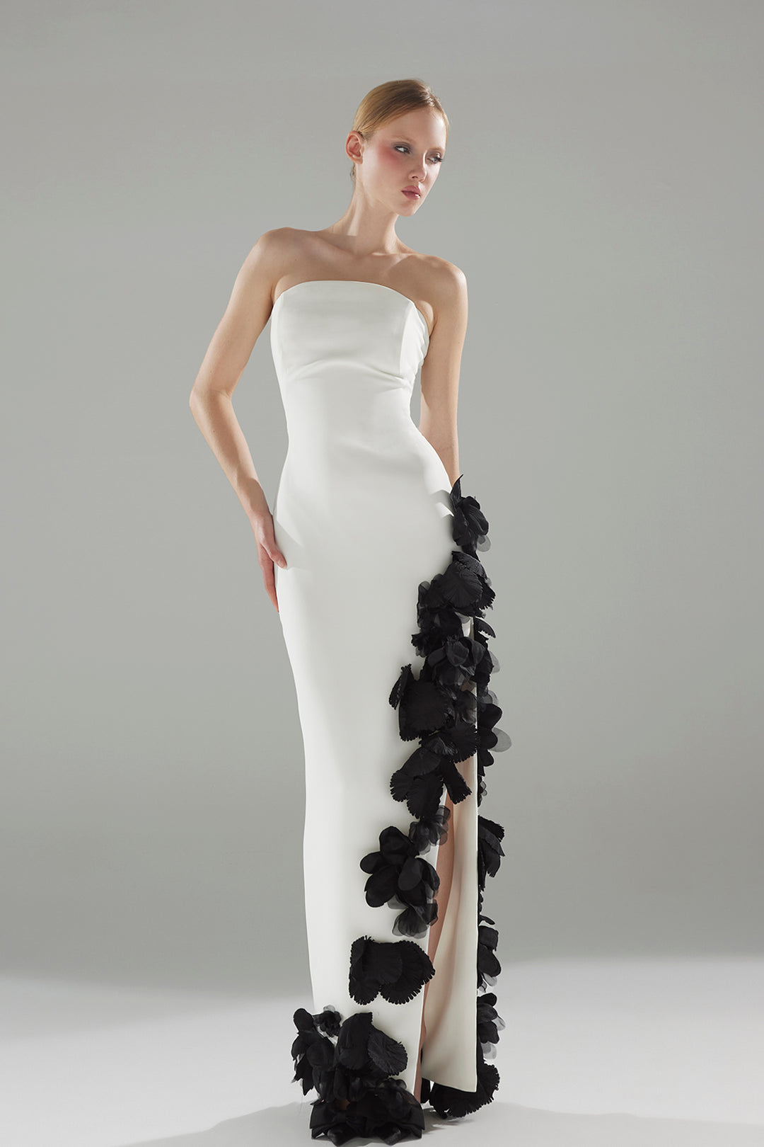 Strapless Crepe Dress with 3D Floral Appliqués