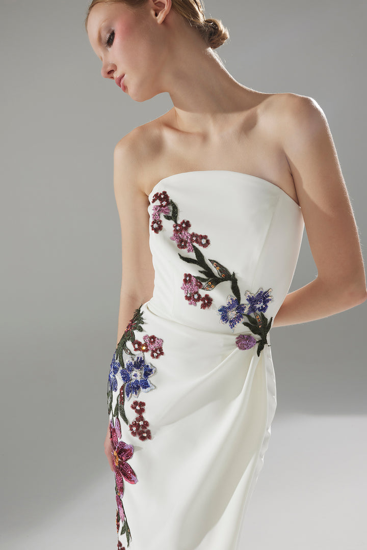 Column Crepe Dress with Beaded and Sequin Floral Embroidery