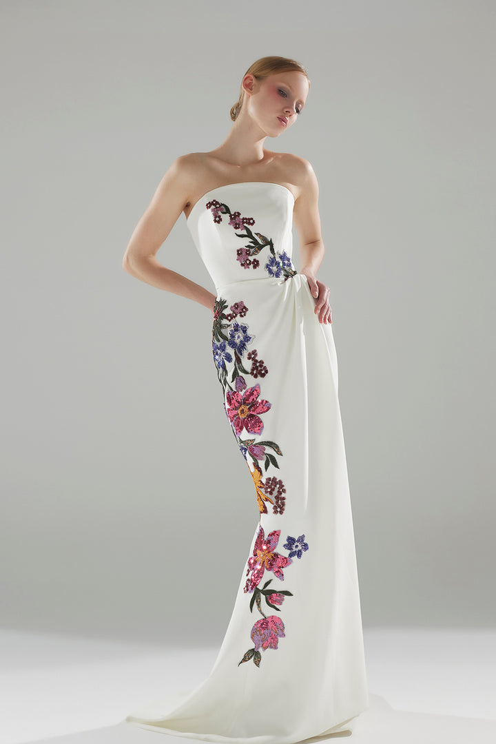 Column Crepe Dress with Beaded and Sequin Floral Embroidery