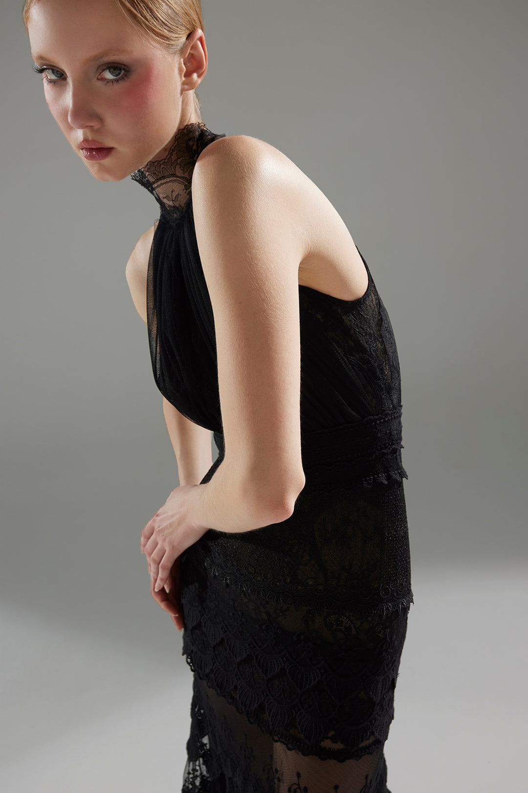 Long Dress with Chiffon and Draped Halter Bodice