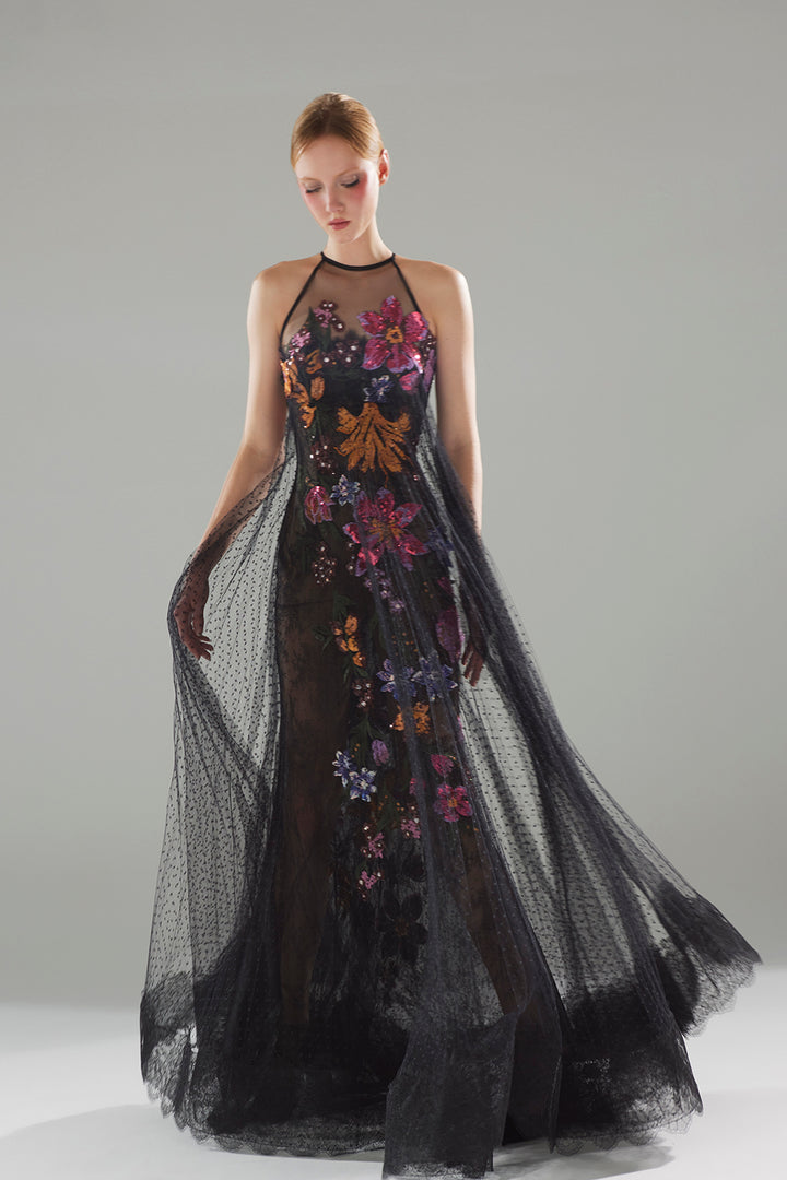 Long Sheer Lace Dress with High-Neck Bodice