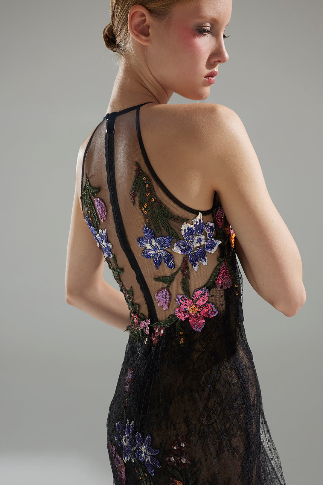 Long Sheer Lace Dress with High-Neck Bodice