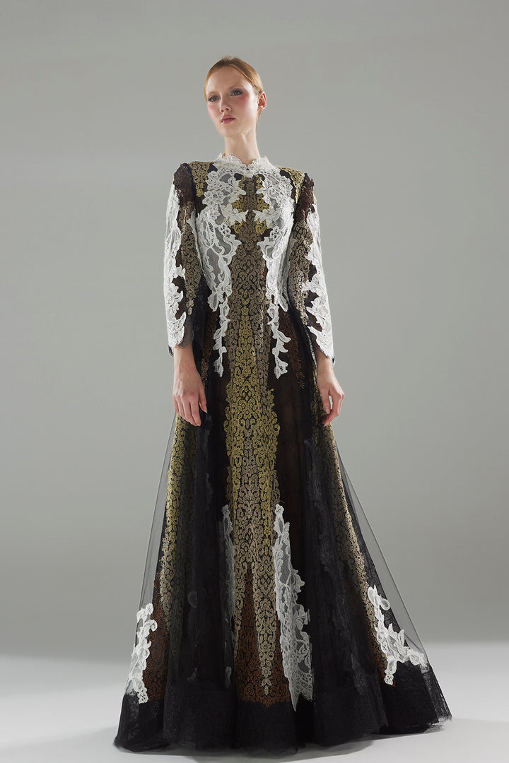 Long Tulle Dress with Embroidered Halter and Dotted Overskirt