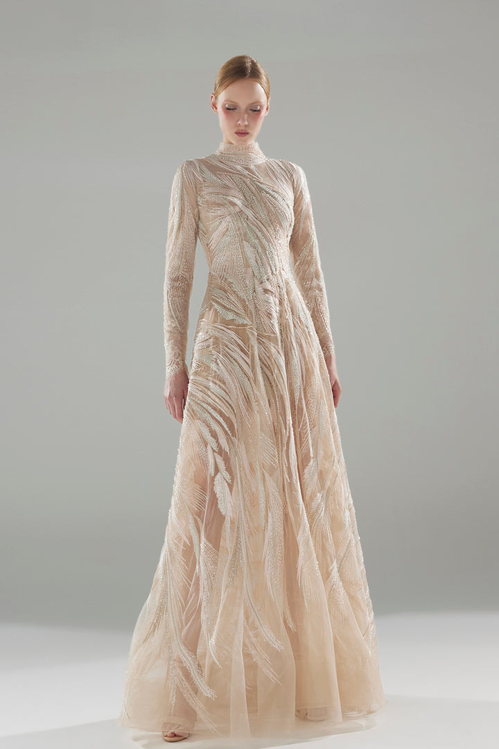 Long Beaded Embroidered Dress with Layered Tulle Skirt