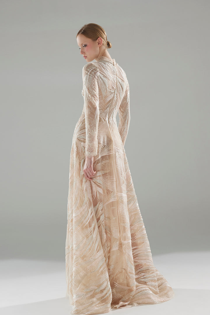 Long Beaded Embroidered Dress with Layered Tulle Skirt