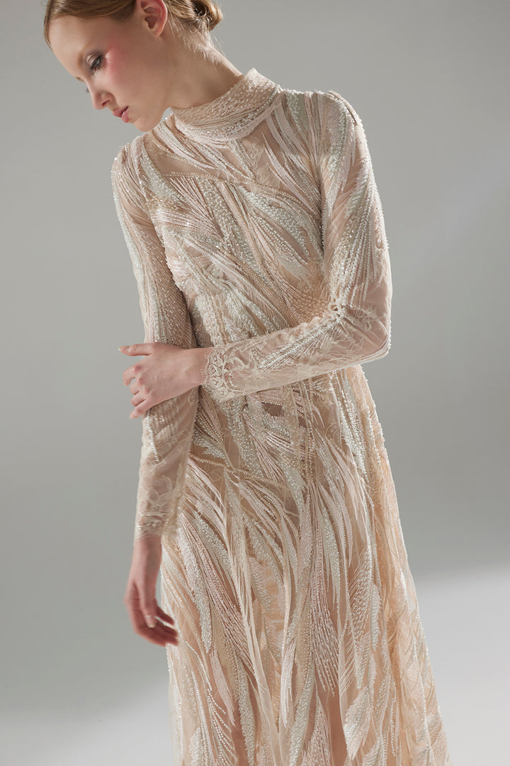 Long Beaded Embroidered Dress with Layered Tulle Skirt