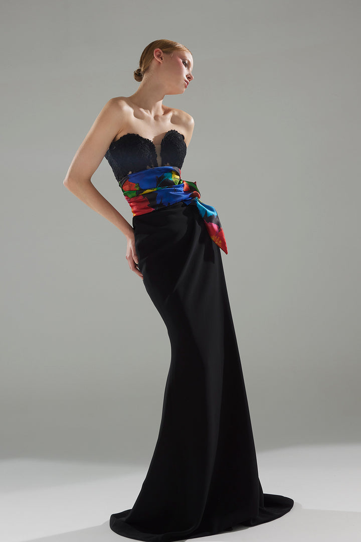 Long Dress with Lace Corset and Printed Satin Sash
