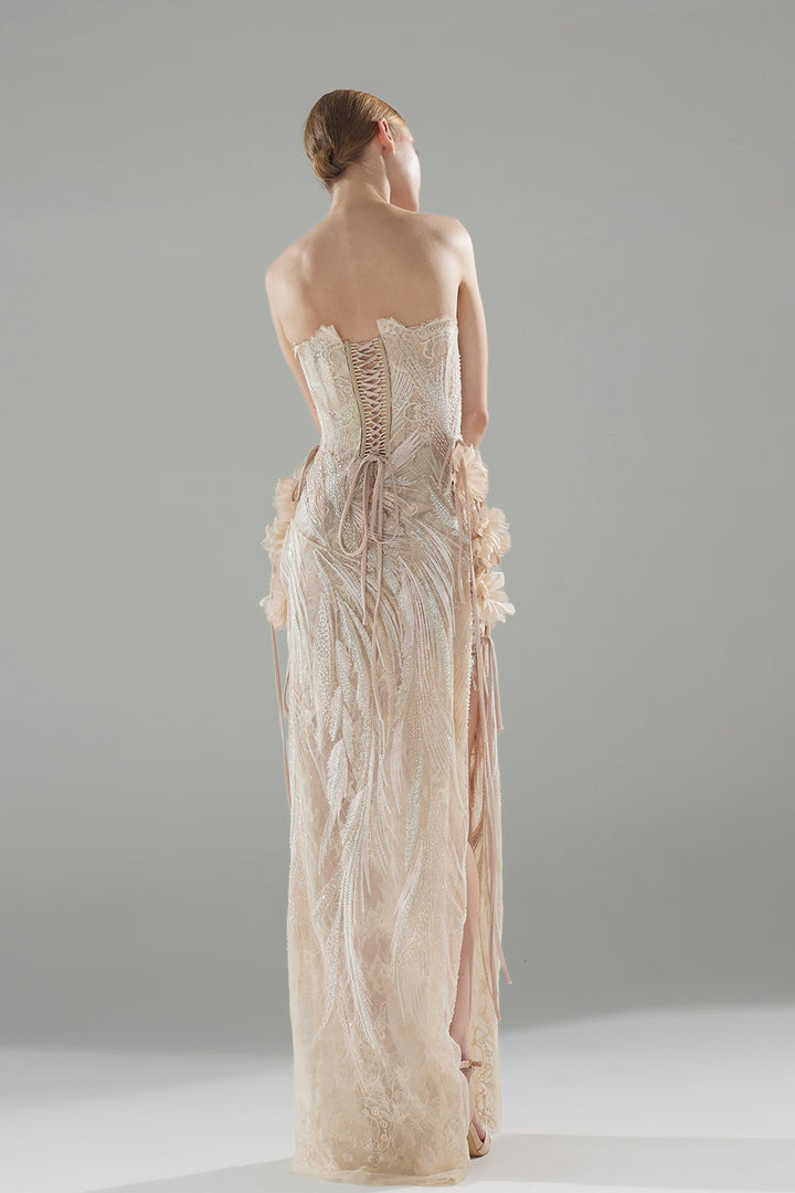 Column Long Dress with Beaded Embroidery