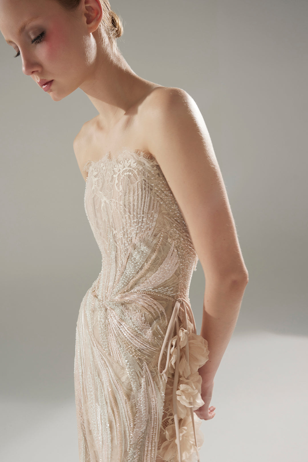 Column Long Dress with Beaded Embroidery