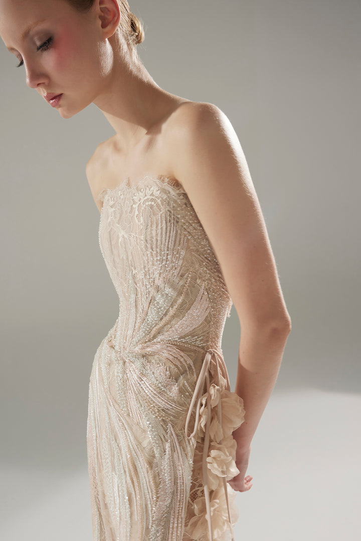 Column Long Dress with Beaded Embroidery