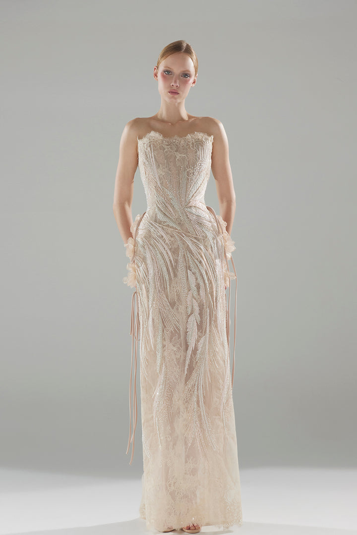 Column Long Dress with Beaded Embroidery