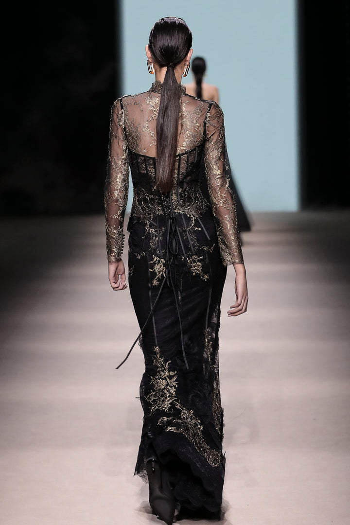 Long Sleeve with High-Neck Embroidered Corset Dress