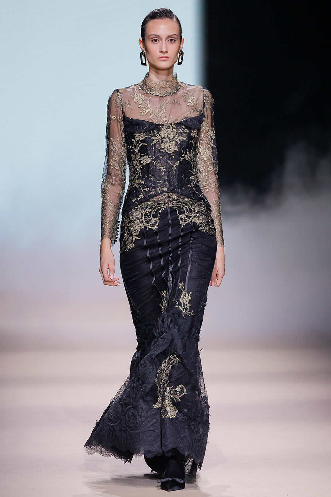 Long Sleeve with High-Neck Embroidered Corset Dress