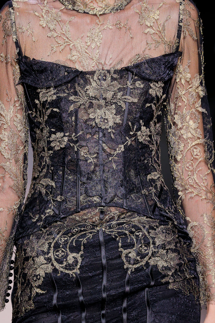 Long Sleeve with High-Neck Embroidered Corset Dress