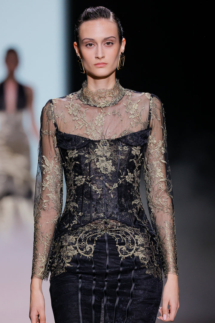 Long Sleeve with High-Neck Embroidered Corset Dress