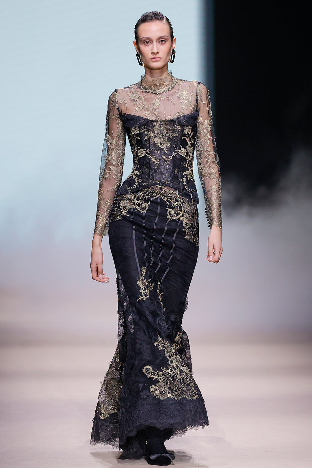 Long Sleeve with High-Neck Embroidered Corset Dress