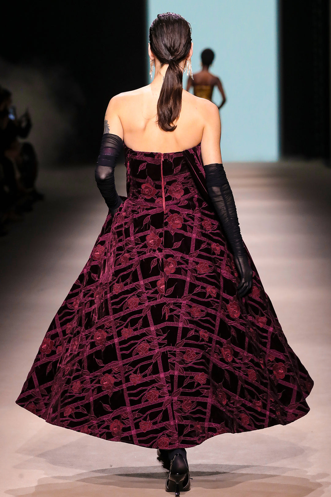 Strapless with Floral Embroidered and A-Line Midi Dress