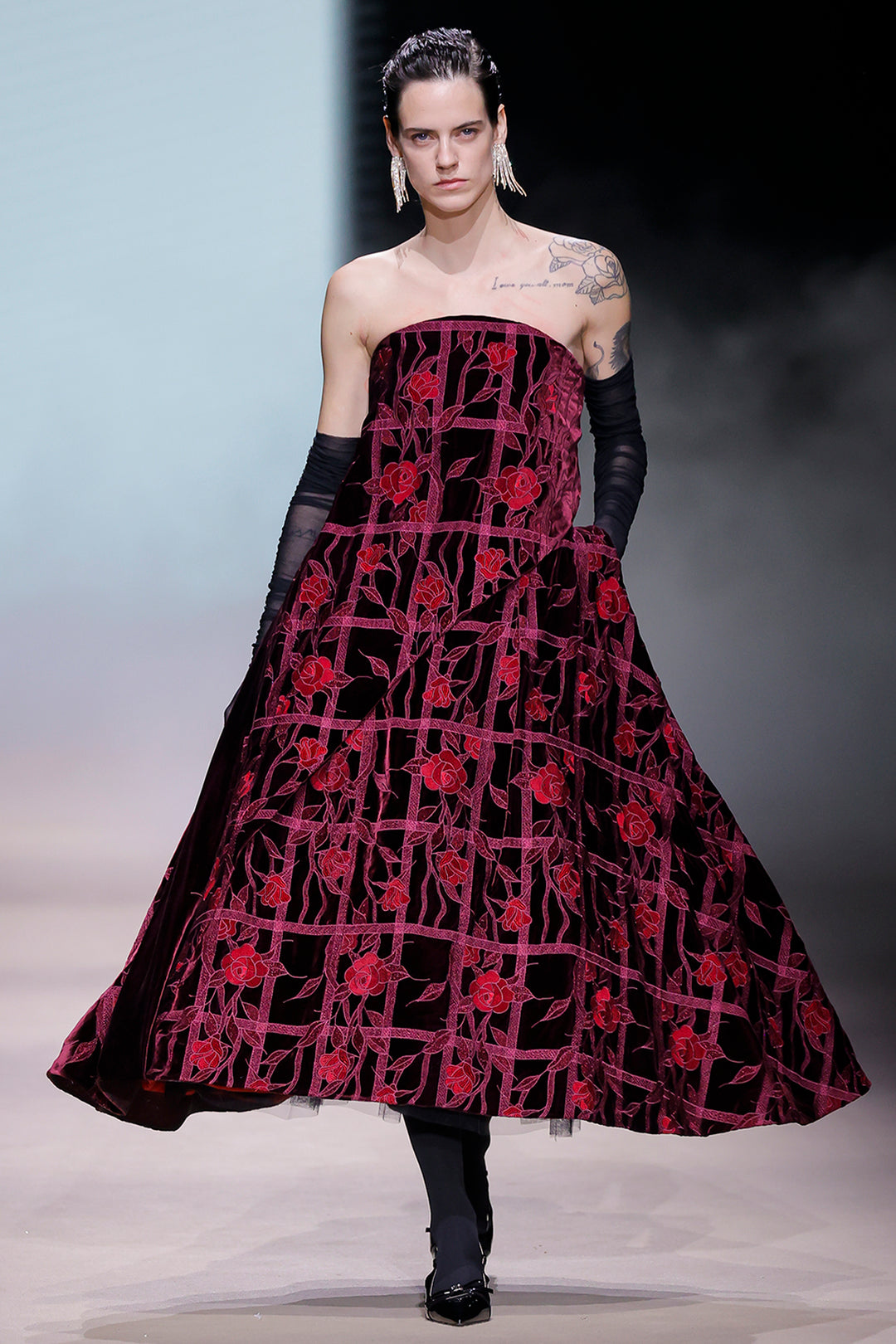 Strapless with Floral Embroidered and A-Line Midi Dress