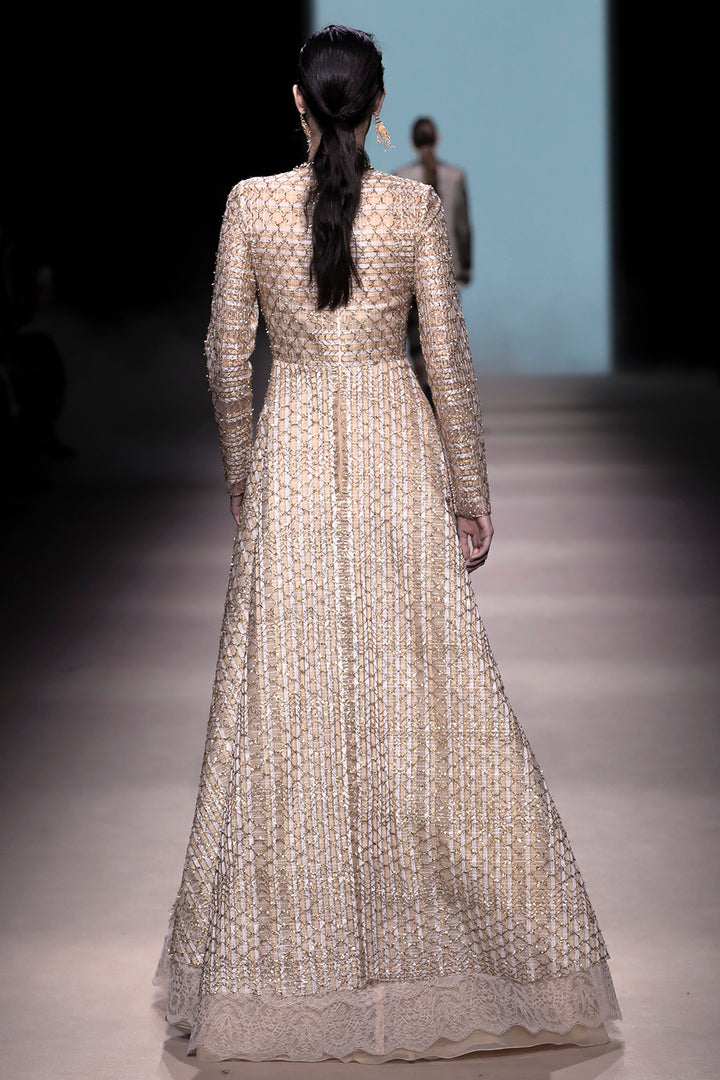 Long Sleeve Embroidered A-Line Dress with Lace Trim