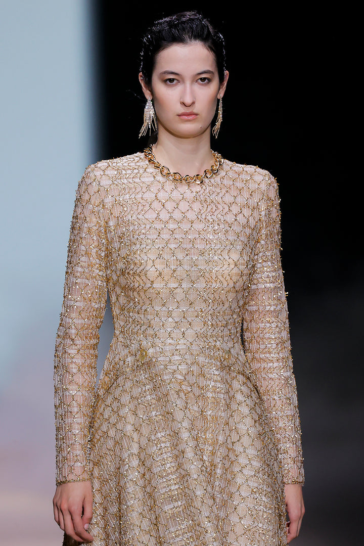 Long Sleeve Embroidered A-Line Dress with Lace Trim