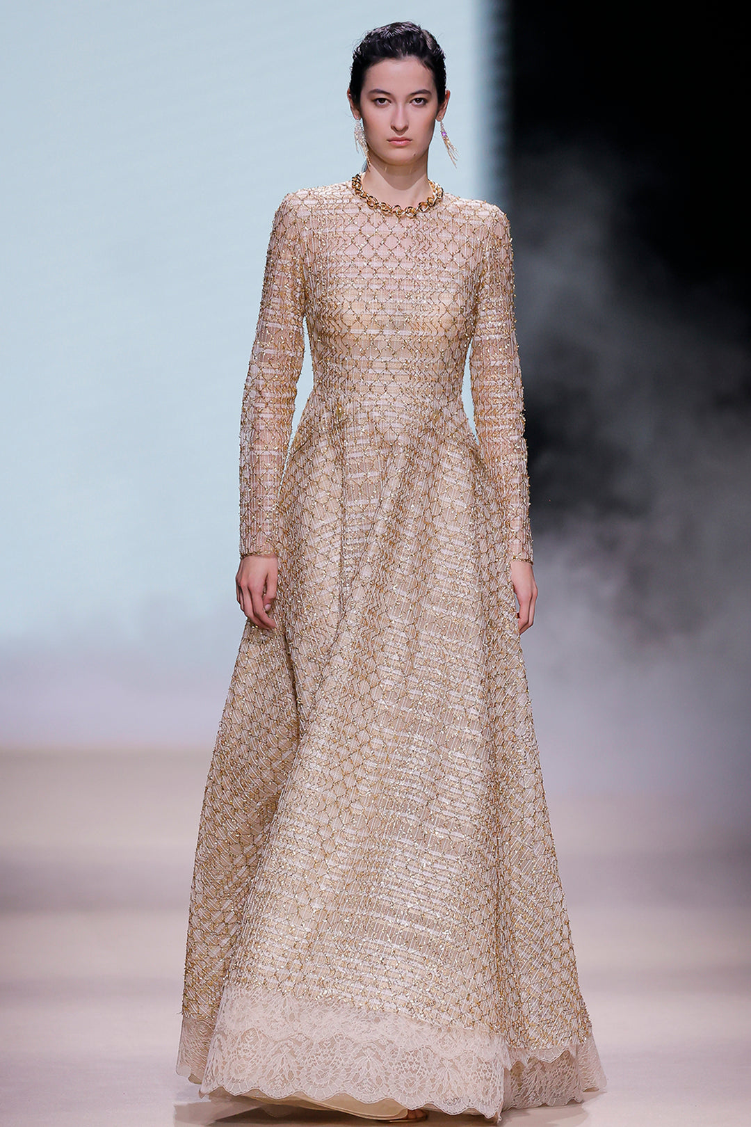 Long Sleeve Embroidered A-Line Dress with Lace Trim