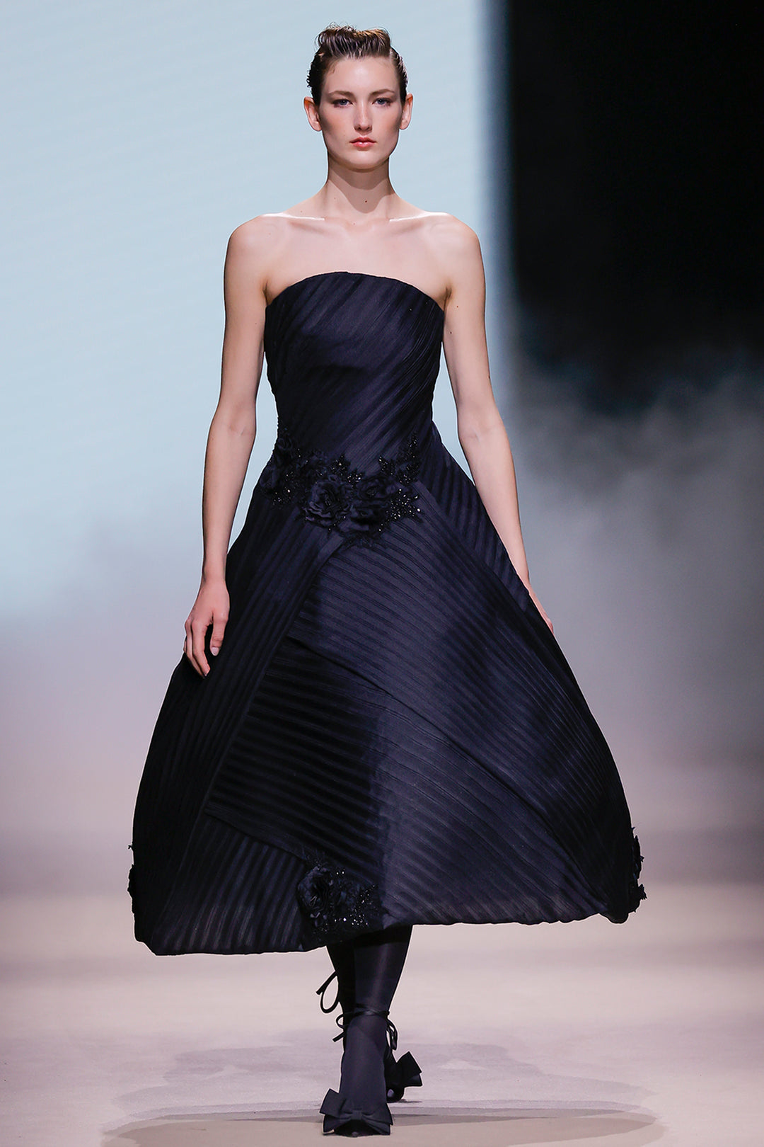 Strapless with Pleated A-line Midi Dress