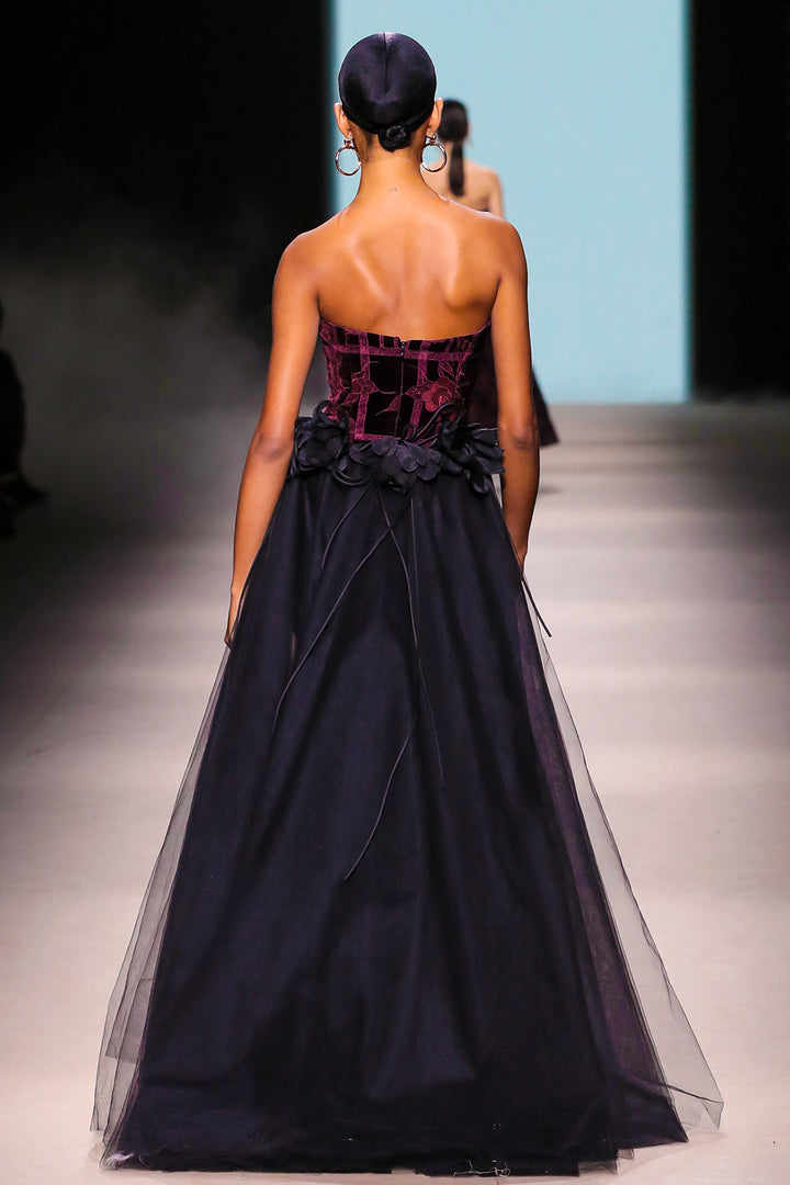 Strapless Floral Column Dress with Tulle Train