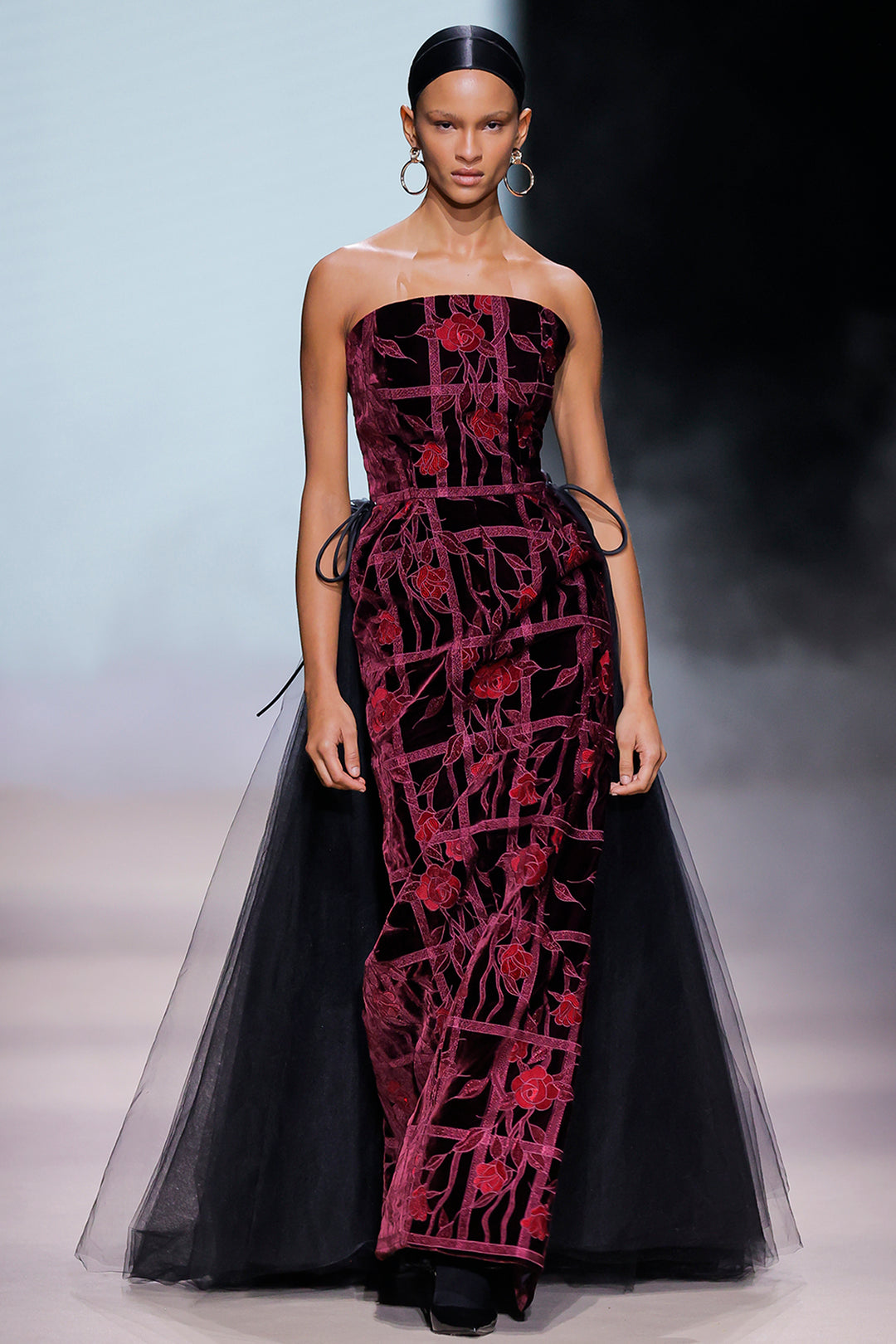 Strapless Floral Column Dress with Tulle Train