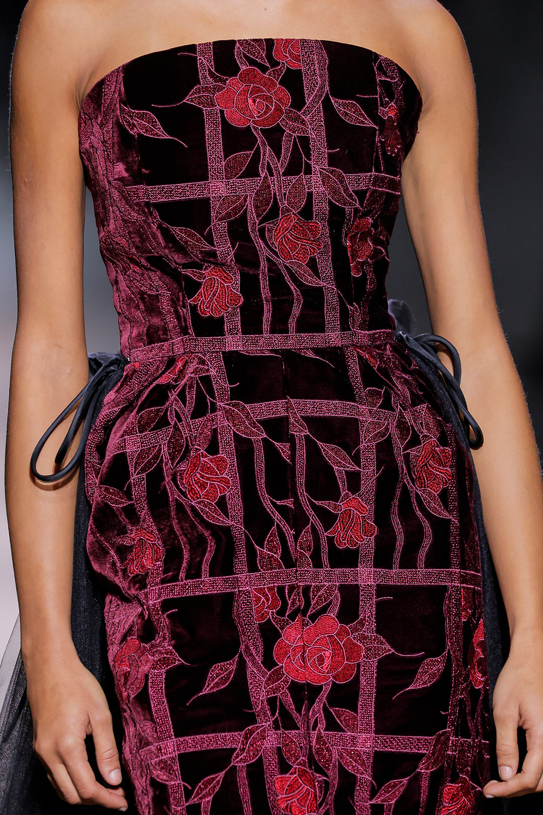 Strapless Floral Column Dress with Tulle Train