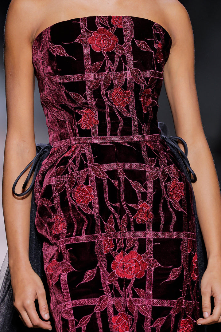 Strapless Floral Column Dress with Tulle Train