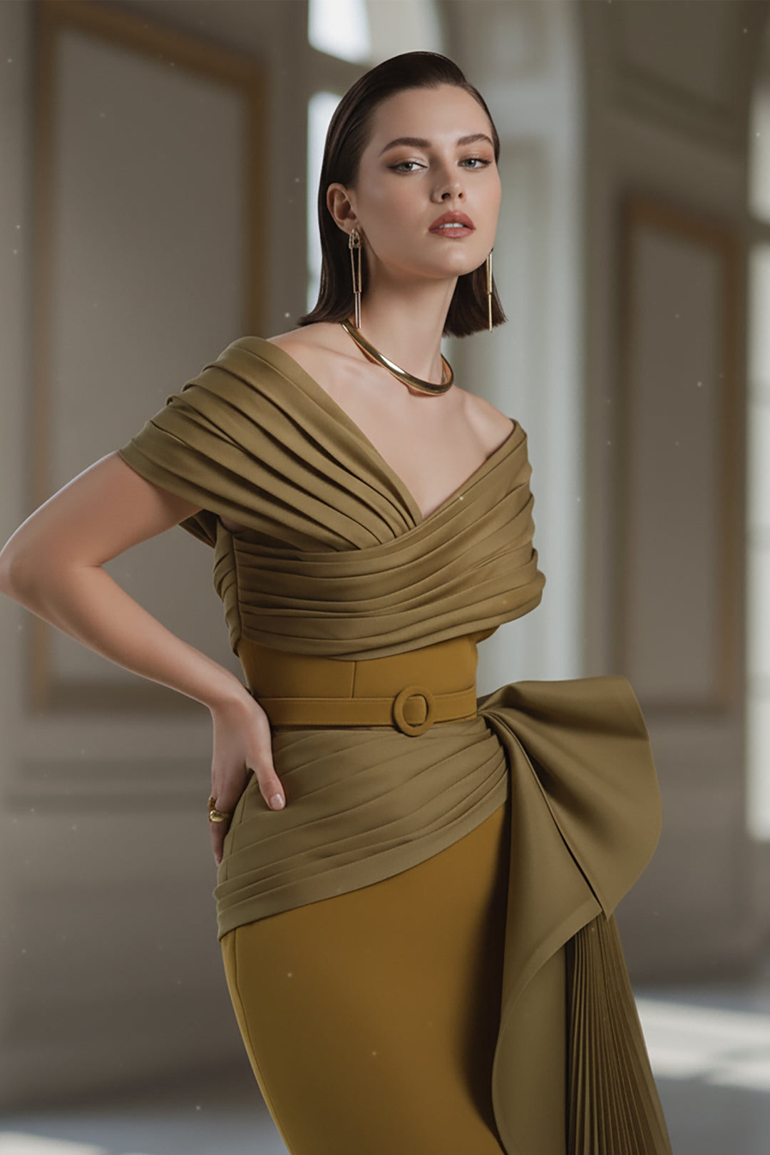 Crepe-Organza Mermaid Dress and Off-The-Shoulder