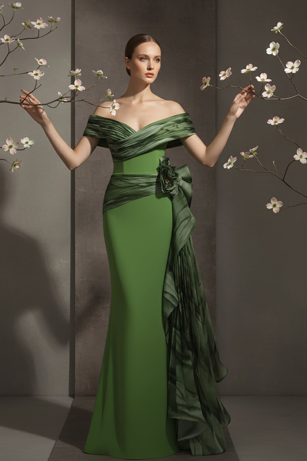Crepe-Organza Mermaid Dress and Off-The-Shoulder