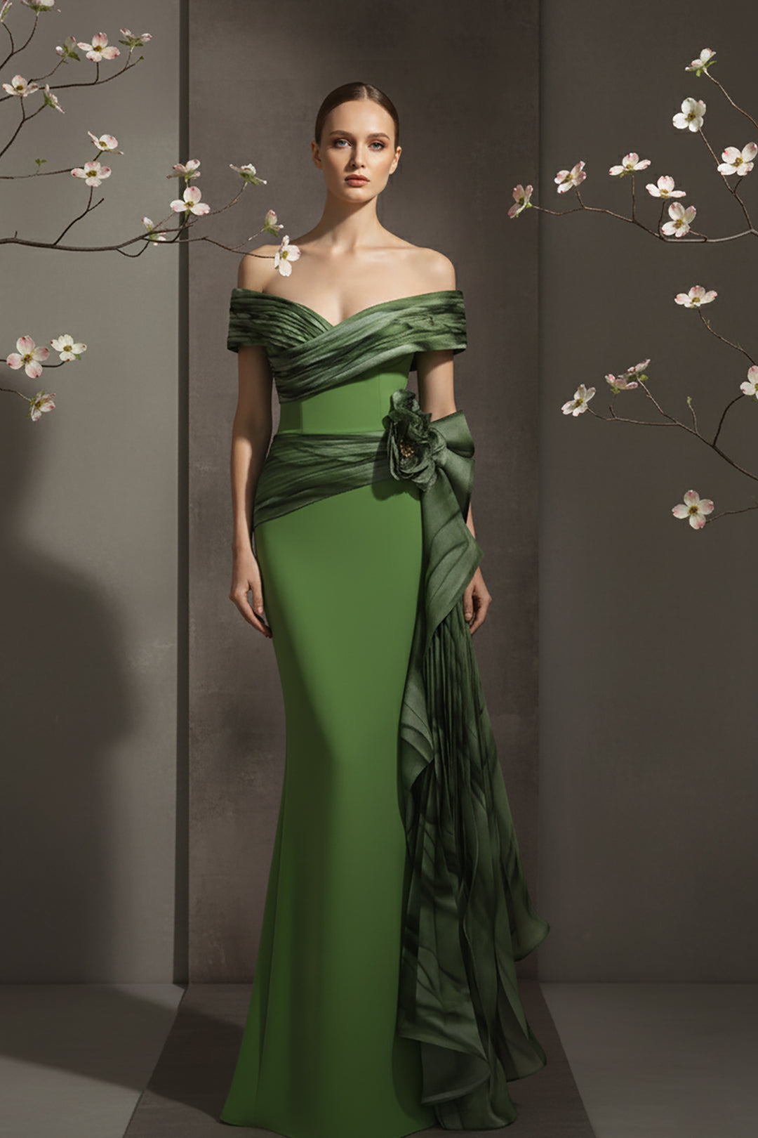 Crepe-Organza Mermaid Dress and Off-The-Shoulder