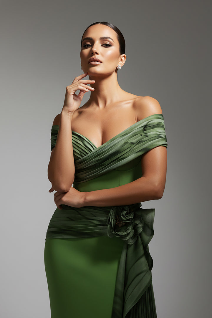 Crepe-Organza Mermaid Dress and Off-The-Shoulder