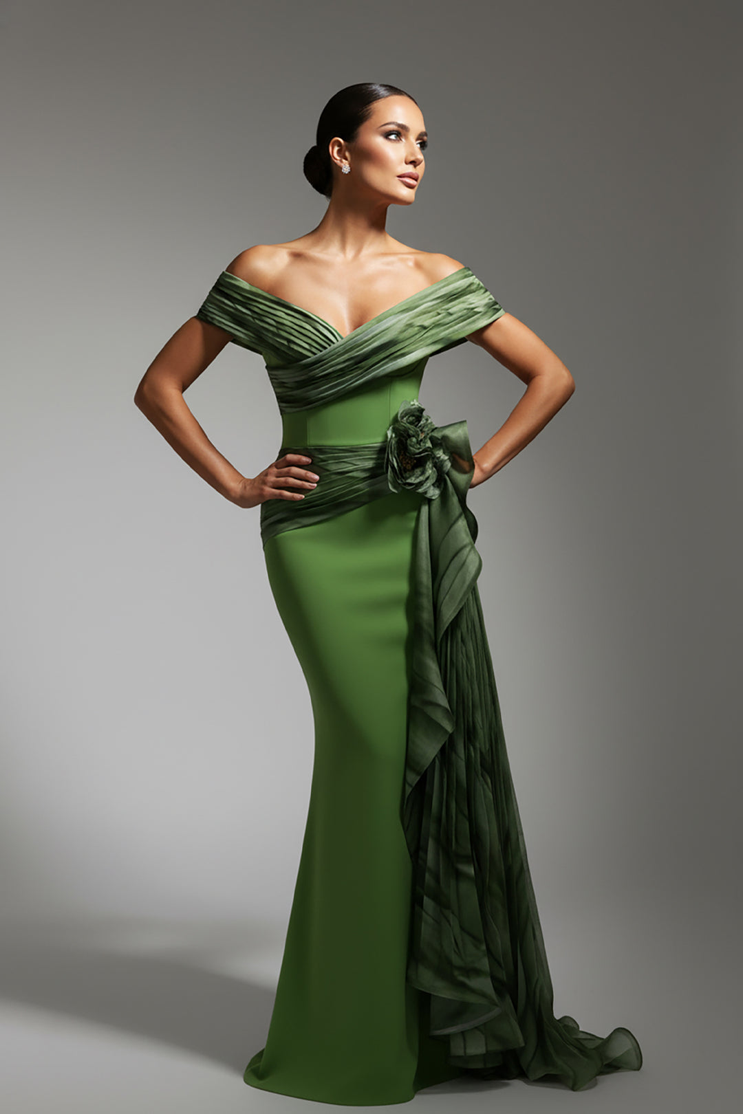 Crepe-Organza Mermaid Dress and Off-The-Shoulder