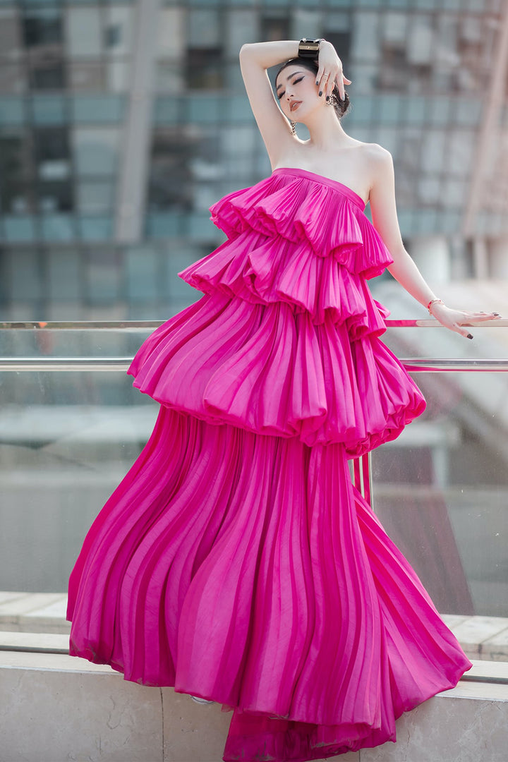 Strapless Draped-layered Puffy Dress