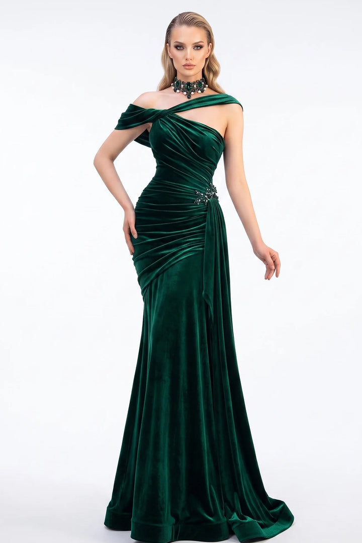 One-Shoulder Ruched with Crystal Brooch Dress