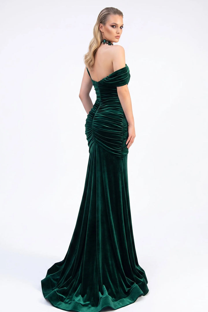 One-Shoulder Ruched with Crystal Brooch Dress