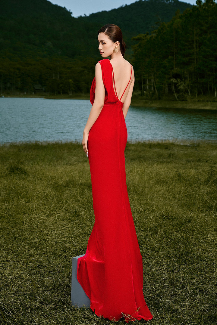 One-Shoulder Red Gown with Slit