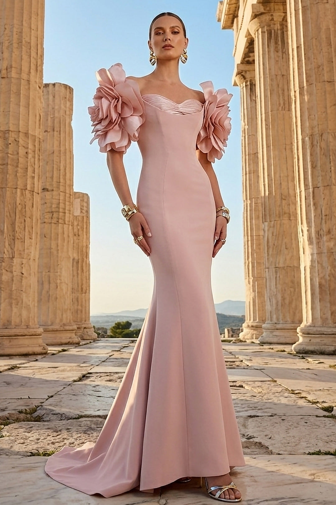 Off-The-Shoulder Column with Ruffled Sleeves