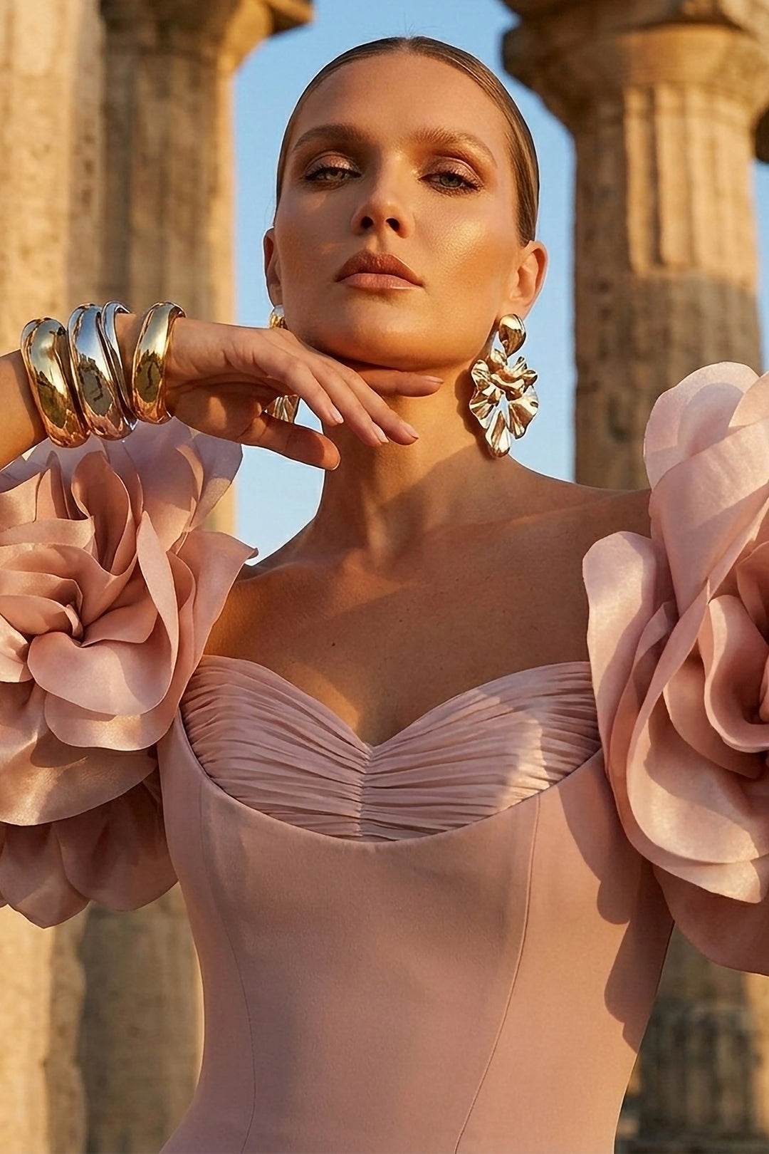 Off-The-Shoulder Column with Ruffled Sleeves