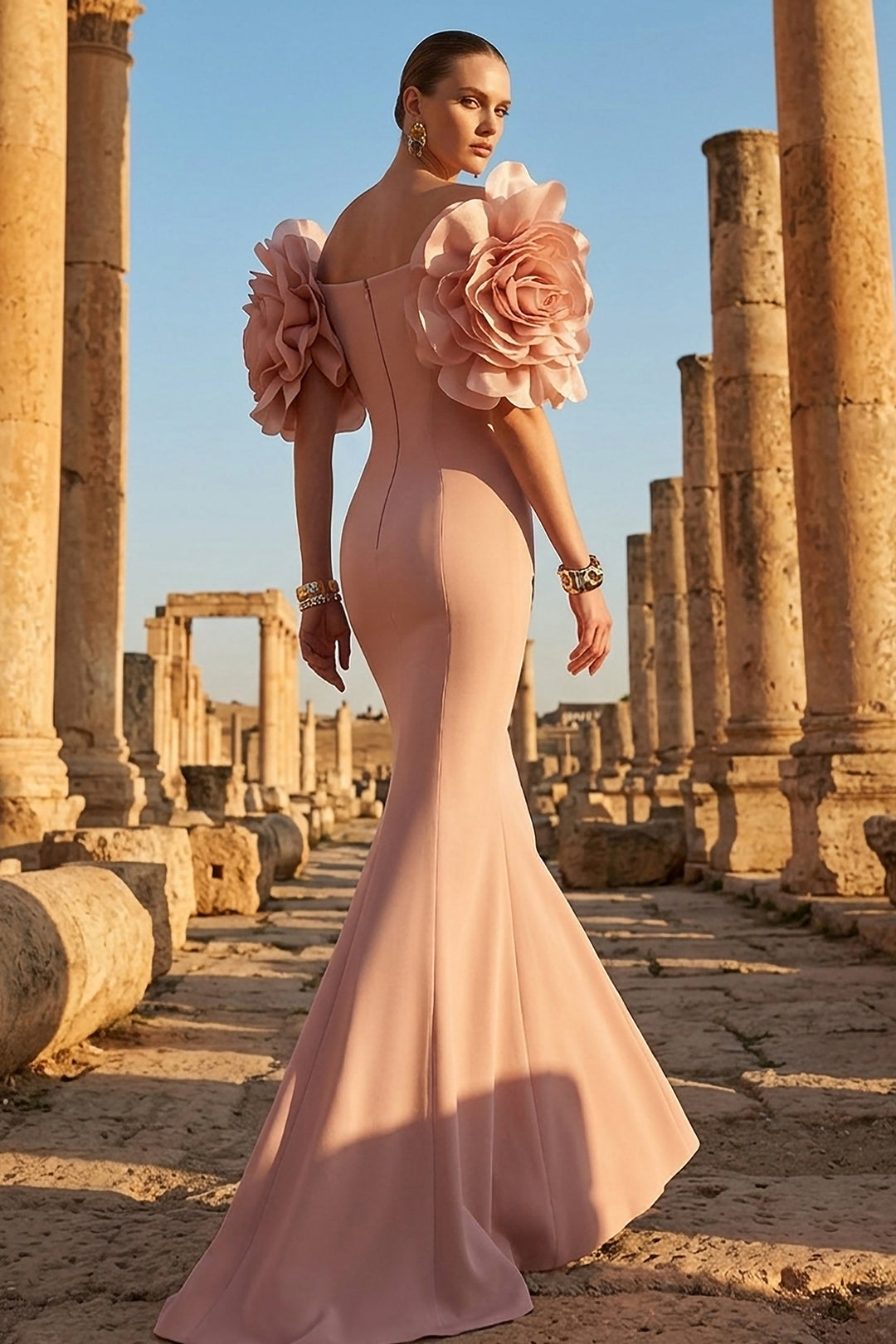 Off-The-Shoulder Column with Ruffled Sleeves
