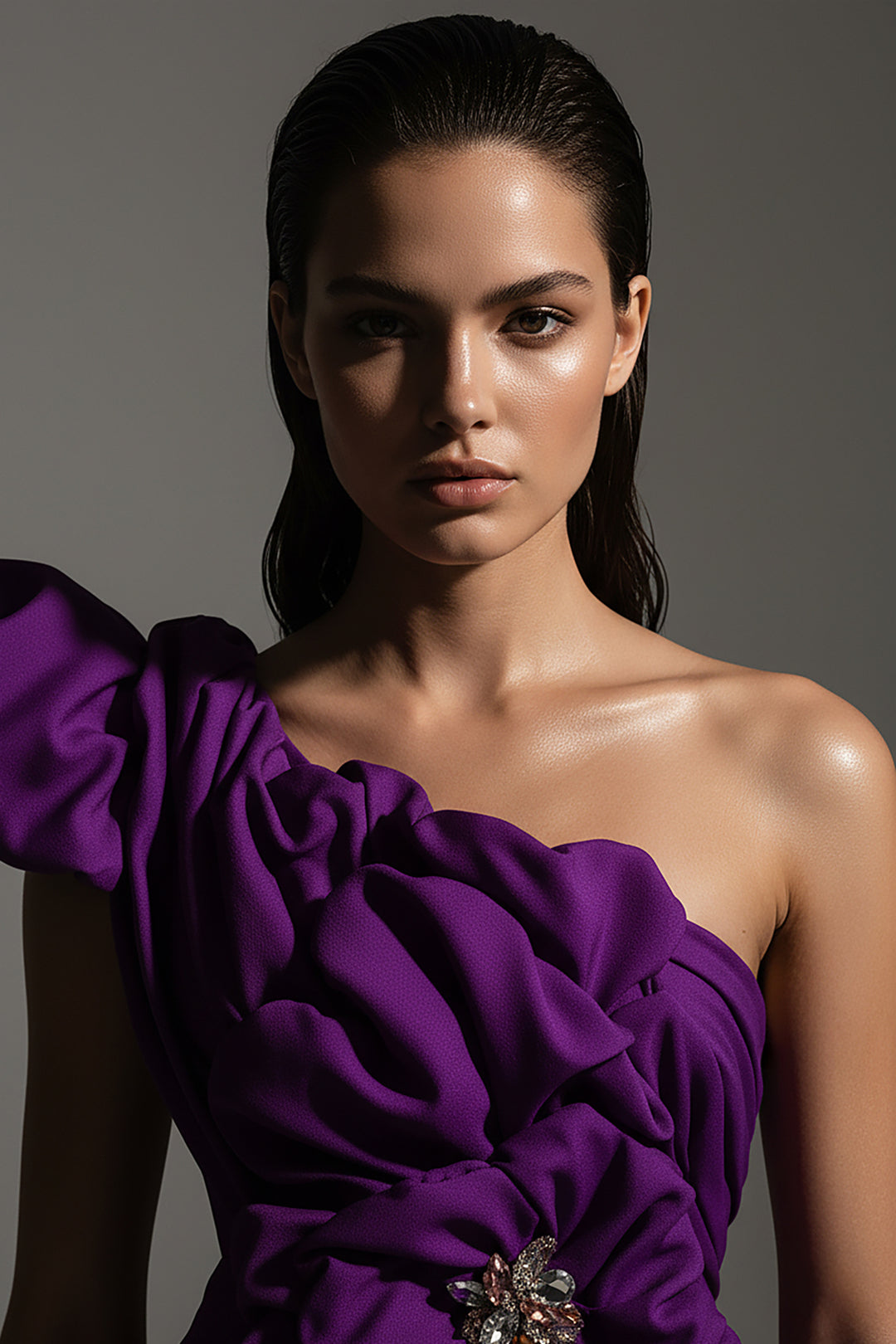 One-Shoulder Dress with Ruffle Petals