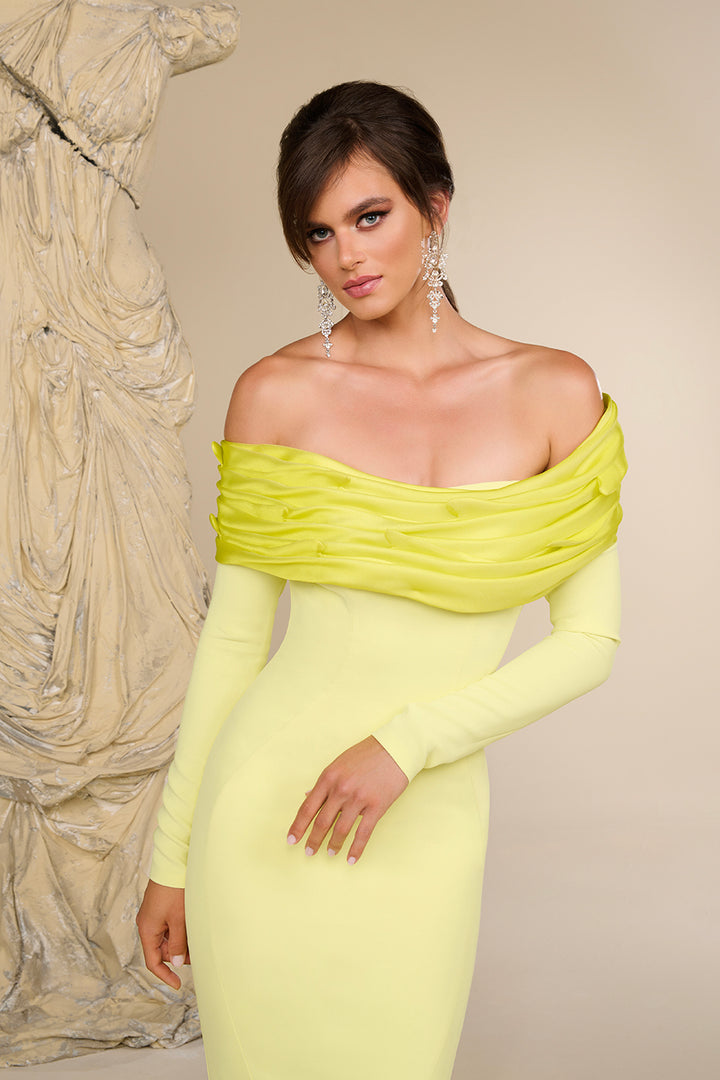 Crepe Mermaid Dress with Off-The-Shoulder Neckline
