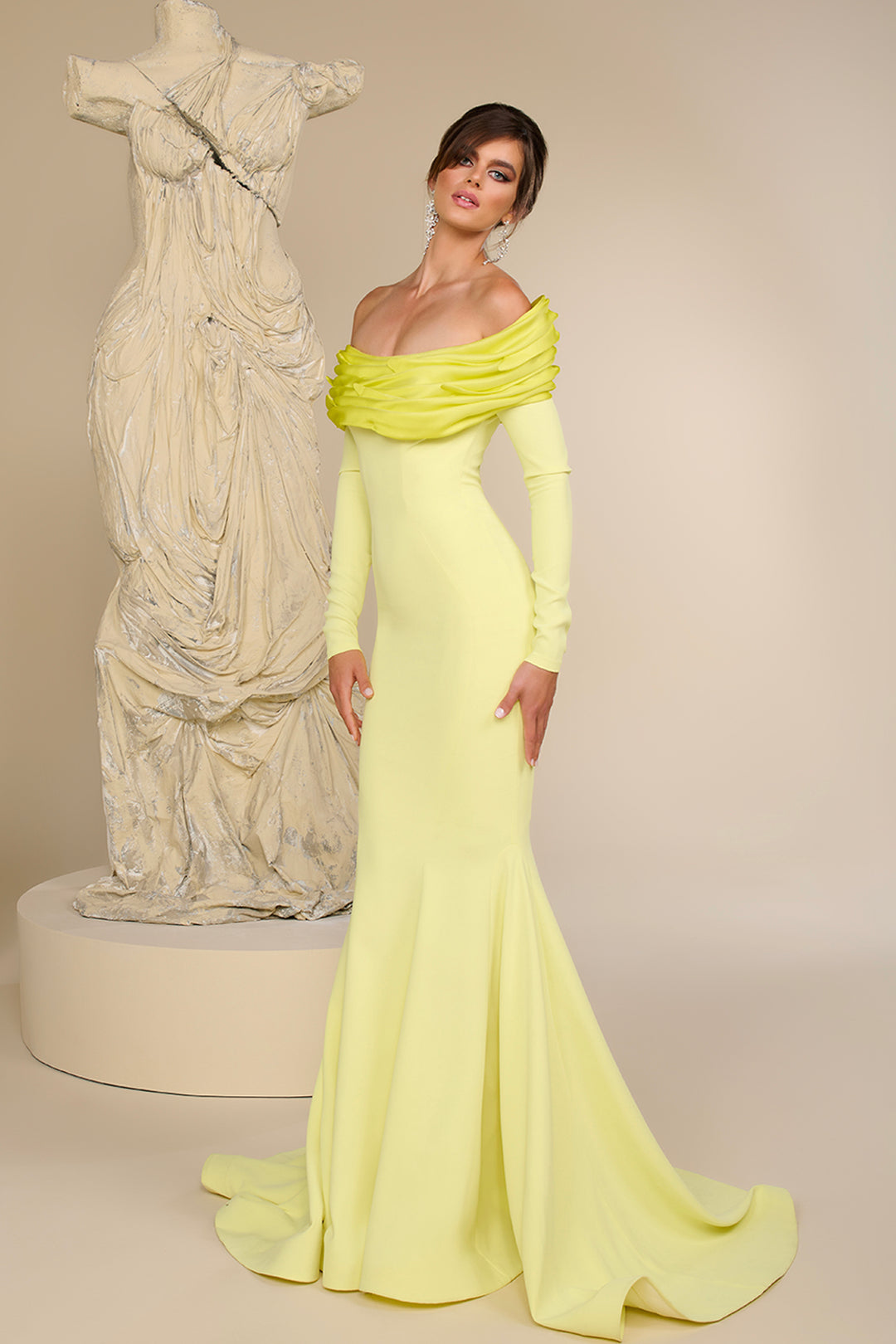 Crepe Mermaid Dress with Off-The-Shoulder Neckline
