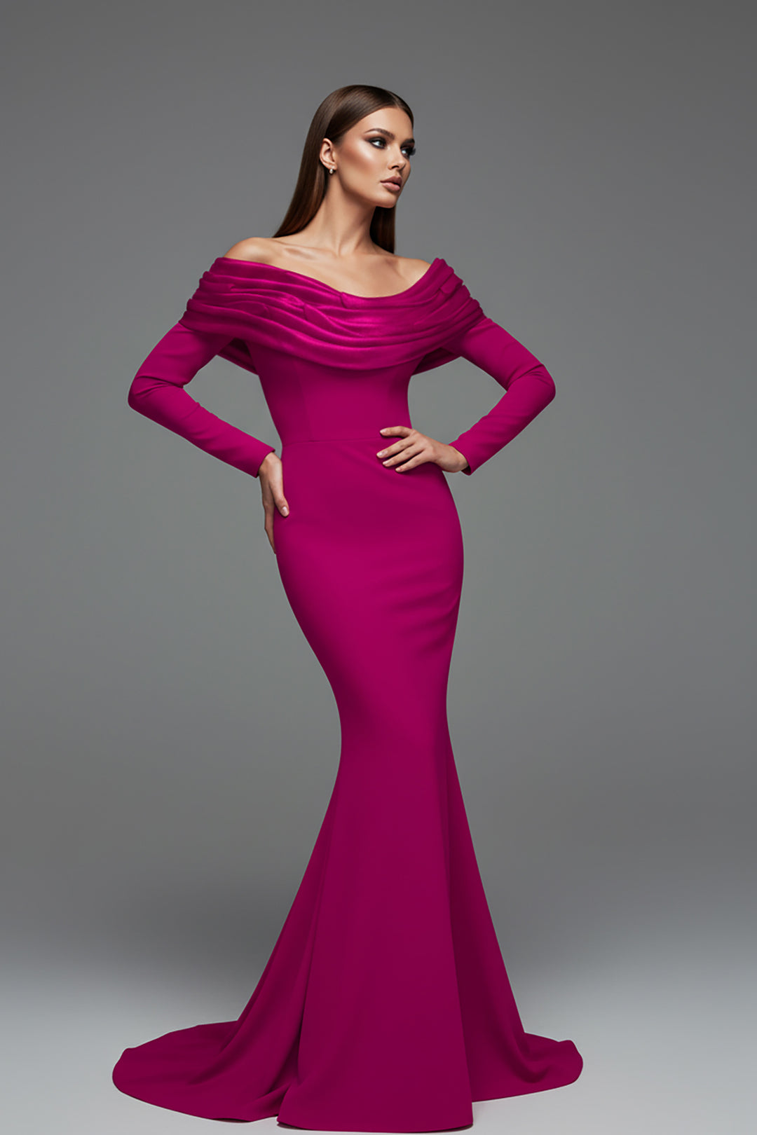 Crepe Mermaid Dress with Off-The-Shoulder Neckline